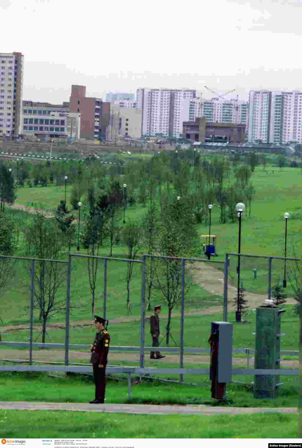 Armed guards patrol the Olympic Village. The 1980 games came eight years after Palestinian terrorists targeted the Munich Olympics, killing 11 Israeli athletes and coaches. 