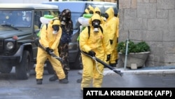 Disinfecting the streets in Budapest, Hungary, in August, in a training exercise for emergency officials. (file photo)