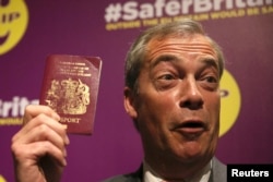UKIP leader Nigel Farage holds his passport at a pro-Brexit event in London earlier this month.