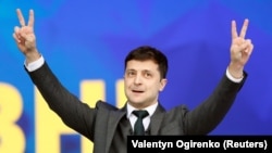 Zelenskiy appeals to the crowd at the debate.