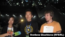 The winning team in Kazakhstan's Youth Art Fest live action short film competition included film operator Tiantian Kian of China (left), director Vladimir Sim of Kazakhstan (center) and editor Roman Sukhosyr, also of Kazakhstan.
