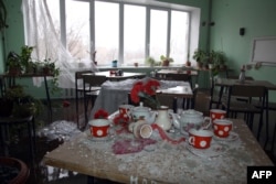 Shattered glass in a room at a hospital damaged by shelling in Donetsk in January.