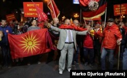 Protesters in favor of boycotting the referendum rallied in Skopje on September 30.