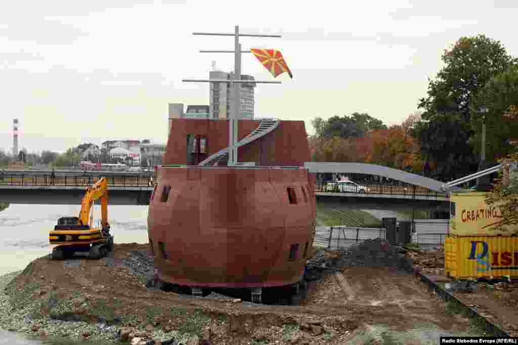 One of two structures in the shape of a galley ship on the banks of the Vardar River. Macedonia's government has said that the cost of the Skopje 2014 project is 208 million euros, but the political opposition claims that the real cost could be close to twice the official figure.