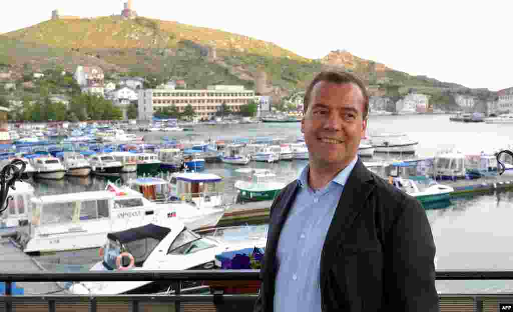 Medvedev, again prime minister, visits the Crimean port of Sevastopol on May 25, 2014. He was the first Russian leader to visit the Crimean Peninsula after it was annexed by Russia in March 2014. 