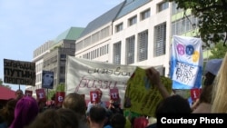 Activists in Berlin hold a rally action in support of Pussy Riot. 