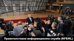 Bulgarian Prime Minister Boyko Borisov speaks to journalists in Brussels on February 21.