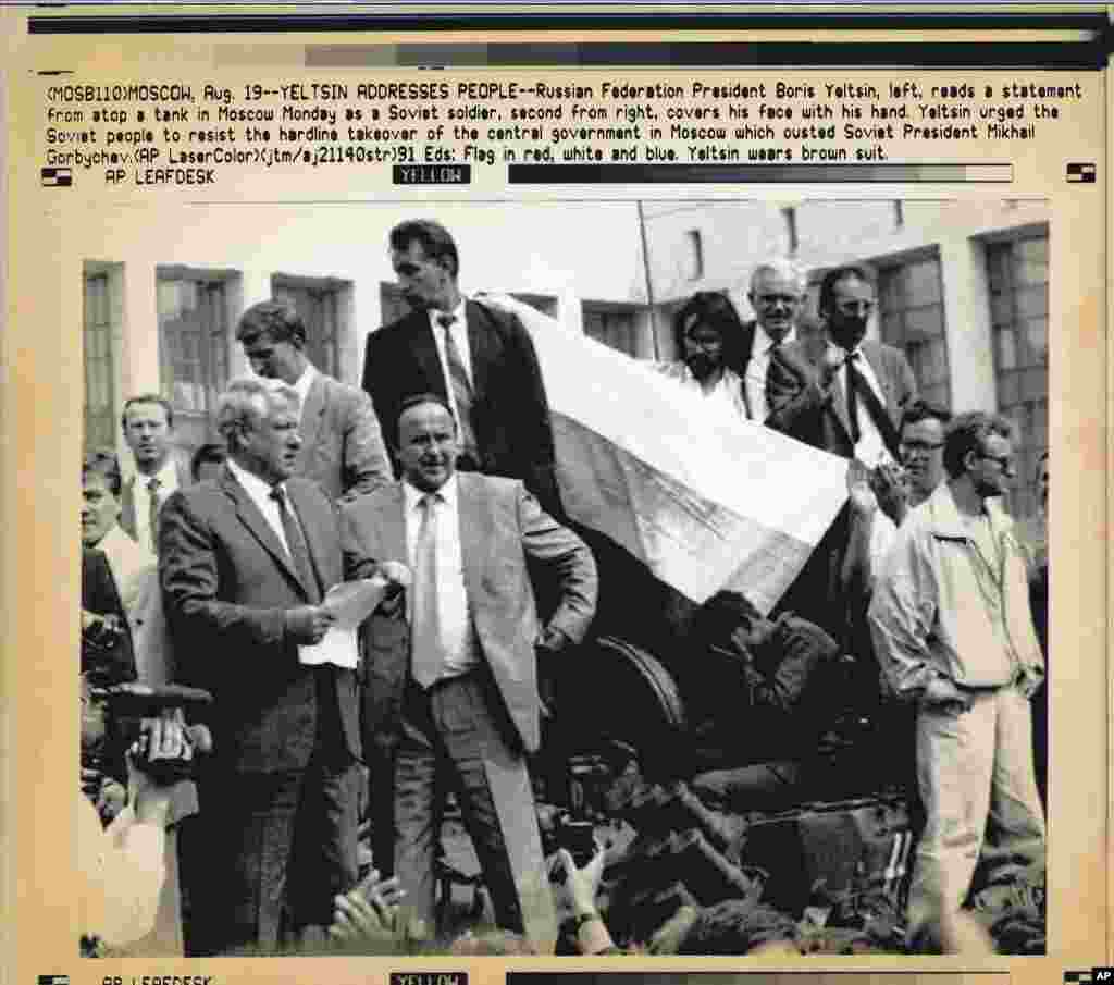 Yeltsin&#39;s August 19 speech to demonstrators from the back of an armored vehicle became an iconic image of defiance against the Kremlin coup leaders.&nbsp; &nbsp; 