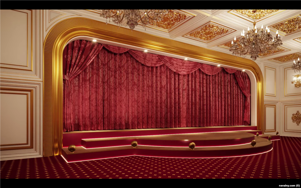 This is a digital rendering of a theater shown in the building plans. Navalny acknowledges that some details of the renderings of the palace and its rooms may differ from reality. 