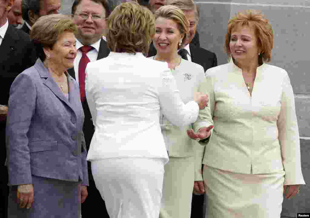Lyudmila (right), Svetlana (second from right), wife of former President Dmitry Medvedev, Federation Council speaker Valentina Matviyenko, and Naina, widow of former Russian President Boris Yeltsin, attend Putin's inauguration as president at the Kremlin in Moscow on May 7, 2012.