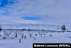 Wooden crosses outside the city indicate the burial places of 42 prisoners killed during an uprising at a Vorkuta forced labor camp in 1953.