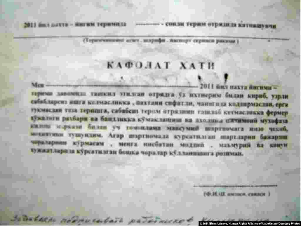 A “Cotton Contract” is shown from the 2011 harvest. The “contract” obligates the signer to participate in the harvest, with punishment for “not fulfilling the commands,” including meeting a daily quota.