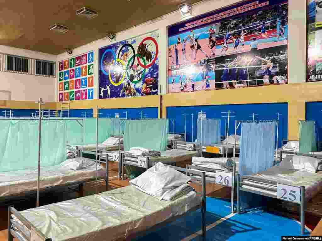 A Bishkek school gym transformed into a makeshift hospital.