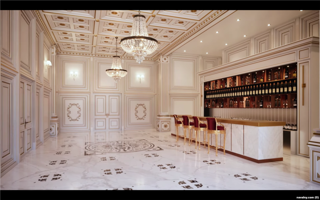 A rendering of a marble-lined bar in the palace. Much of the furniture was reportedly sourced from luxury Italian brands, which are so exclusive that their catalogues must be personally ordered by potential clients. 