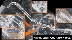 The satellite image from February 24 shows new built and reconstructed areas in orange, and the rail line highlighted in white.