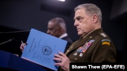 Chairman of the Joint Chiefs of Staff General Mark Milley responds to a question from the media during a press briefing at the Pentagon in Arlington, Virginia, on May 6.