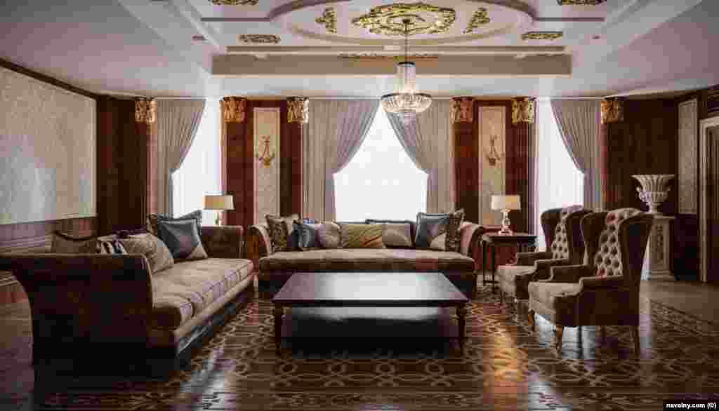 As well as drone photographs of these Black Sea properties, Navalny's team created several digital illustrations of the interior of the palatial residence, such as this one. The illustrations are based on the leaked plans of the building and records of Italian furniture that have been ordered for the property. 