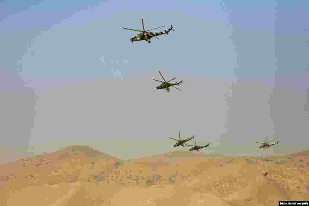 Russian Mi-24 helicopter gunships take part in the exercises. 