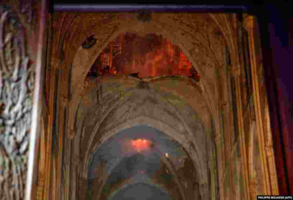A view from the interior as the cathedral continued to burn on April 15, 2019.