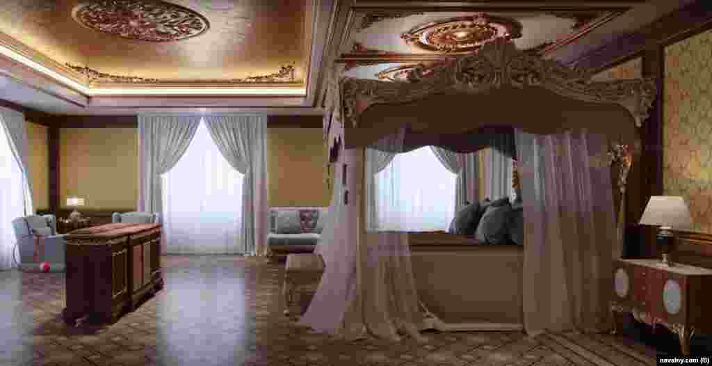 A rendering of a room alleged to be used by Putin himself. Gymnastic equipment at the far left of the digital image is an apparent reference to Alina Kabayeva, a gold-medal gymnast widely believed to be Putin's partner. 