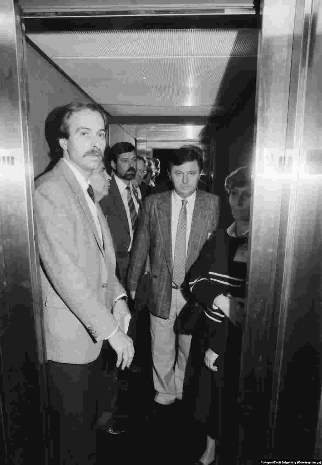 Miklos Nemeth (center right, facing camera) is photographed soon after he was named prime minister of Hungary in November 1988. In March 1989, Miklos Nemeth, the country’s young prime minister, confided to Soviet leader Mikhail Gorbachev in Moscow that Hungary would soon hold free elections. Gorbachev made clear he disagreed with the move, but vowed, "there will be no instruction or order by us to crush it.” Nemeth told his advisers after leaving the Kremlin that "we have at least a silent supporter...in Moscow."
