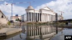 The construction site of Macedonia's new Archaeology Museum in the center of Skopje. It is one of many new buildings and statues that are part of an elaborate makeover for the city. 