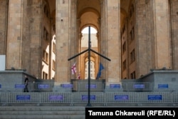 A St. Nino’s cross installed at the entrance to Georgia’s parliament building.