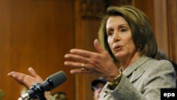 The speaker of the House of Representatives, Nancy Pelosi, speaks at a news conference to discuss the American Recovery and Reinvestment Act, a bill supported by U.S. President Barack Obama to stimulate the economy.